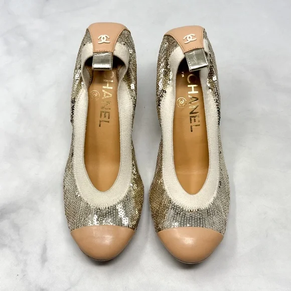 CHANEL CC Coco Mark Sequin Leather Elastic Block Heel Pumps Glam Designer Y2K - Picture 5 of 15